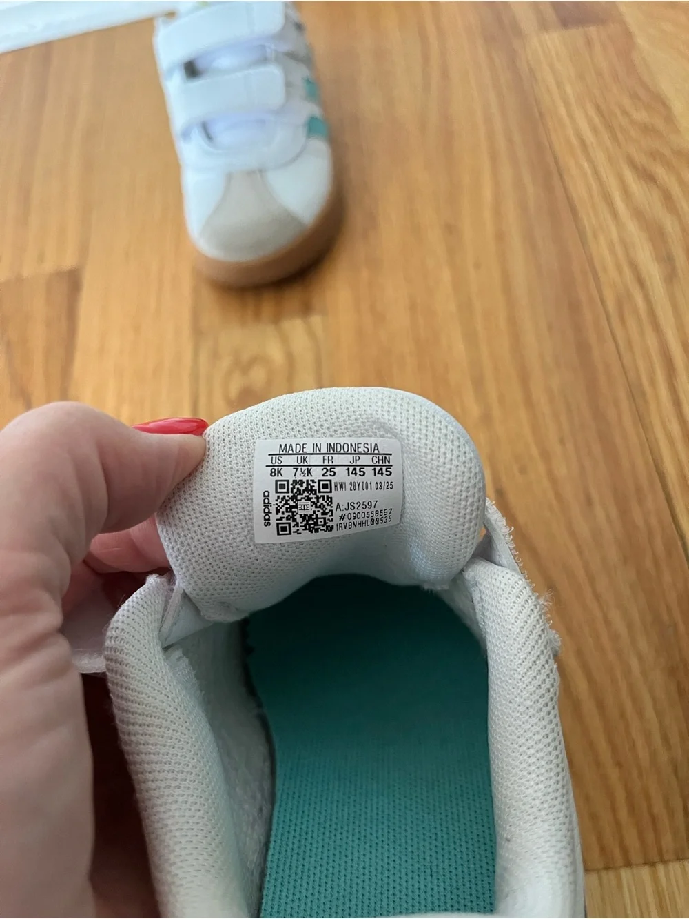 Adidas Kids Size 8 White and Teal Velcro Sneakers with Gum Sole